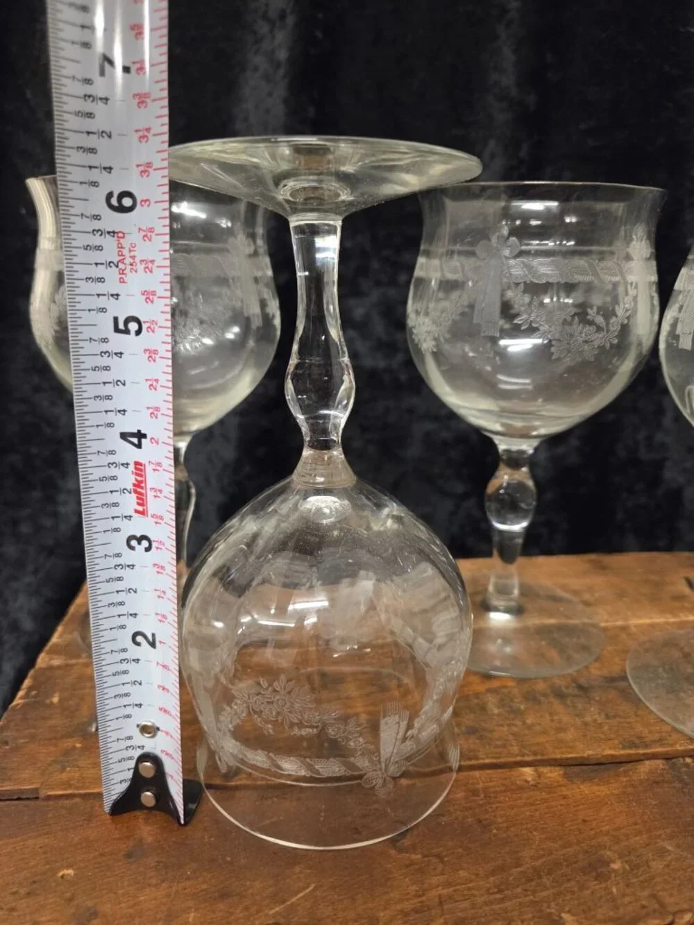 4 Antique Etched Glass Floral & Bow Garland Goblets Louis XVI